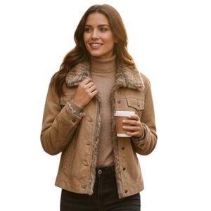 Wilsons Leather Tan Suede Trucker Jacket Size L Removable Rabbit Fur Lining